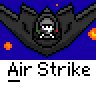 Animated contact sheet of a pixel art air strike sequence showing explosion progression from targeting to aftermath against a dark blue background with silhouetted ships and skull-and-crossbones banners.