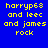 Four pixelated text in blue, purple, red, and purple backgrounds with yellow 'harryp68 and leec and james rock' text