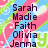 Pixelated image with pink, green, and blue diagonal stripes; text lists names on left, questions on right, vertical 'BFFS' in center.