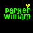 Green pixelated text 'parker william' on black background with yellow pixel symbols above each text block.