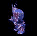 Pixelated character with blue and purple armor, horns, and a sword in multiple poses against a black background.