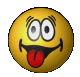Yellow spherical icon with cartoon face showing wide eyes, black curved mouth, and red tongue sticking out; multiple views show rotation from front to side angles.