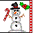 Pixelated snowman with black top hat, orange carrot nose, and brown stick arms holding red candy cane, standing next to red-and-white striped pole with green holly and red berries.