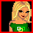 Pixelated blonde woman in green top with interlocking squares, holding blue chain and gray pants against black background.