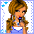 Pixel art buddy icon featuring a cartoon woman with brown hair holding a lollipop, next to text reading "I love to lick lollipops!" on a blue gradient background.