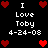 Pixelated icon with repeated text "I Love Toby 4-24-08" and red heart symbols on black background.