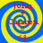 Four identical spiral-patterned icons with blue and yellow concentric rings, red text reading "John + Carmen = <3", and a yellow background.