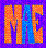 Pixelated orange and blue text 'ME' on a purple pixelated background with scattered green and yellow pixels.