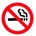 Static red circular no-smoking sign icon with a cigarette and smoke symbol crossed out by a diagonal line, rendered in pixelated style on white background.