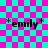 four identical pixelated icons on a pink and cyan checkered background, each displaying the text *emily* with asterisks and a faint overlay
