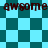 Animated icon with repeating 'awsome' text over shifting teal and cyan checkered background.