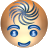 Pixelated circular icon with light brown skin tone, blue eyes, blue eyebrows, and a smiling mouth, featuring swirling blue and white hair on a gray background.