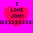 A static image with four identical red hearts on a bright pink background, each containing black text reading "I LOVE JON!!" and separated by horizontal of repeating black numbers