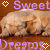 Animated icon shows a golden retriever puppy lying down with text "Sweet" and "Dreams" in purple and white pixelated letters above and below, flanked by heart symbols.