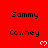 Red background with repeated black text 'Sammy' and 'Cowhey' in , white pixel hearts appear below 'Cowhey'