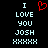 Pixelated text reads 'I LOVE YOU JOSH' with a red heart symbol above and six Xs below on black background.
