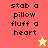 Pixelated text 'stab a pillow fluff a heart' appears on four colored with two star icons, one yellow and one red