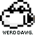 Two pixelated cartoon dogs with black-and-white fur, each holding a brown object in their mouths, positioned side-by-side under text reading "WERD DAWG.".