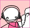 A cartoon character with a white head and black outline wears large dark gray headphones, has two circular eyes, and a wide open mouth showing teeth; the background is solid light pink.