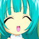 Pixelated anime-style character with cyan hair, closed eyes, and open mouth showing pink tongue.