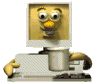 Animated sequence of a cartoon computer monitor character with a yellow face, large eyes, and a yellow nose, holding a silver mug in various poses against a gray background.