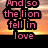 Pixelated text in pink and black displays 'And so the lion fell in love with the lamb <3' over a sunset background.