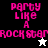 Pixelated pink text "party like a rock star" on black, white, and gray backgrounds with a white star and black star icon below.