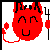 Red pixelated devil face with black horns, curved eyes, and a U-shaped mouth holding a pitchfork, featuring a red tail on the left side.