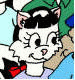 Four cartoon animal characters in a : white cat with red bow, brown bear with blue cap, yellow dog, and white mouse with pink shirt