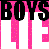 Pixelated text 'BUY 5' in black and white with pink dripping accents on a white background.