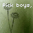 Pixelated green background with two dandelion-like flowers and white text reading 'Pick boys, like picking flowers' across four