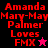 Pixelated text reads "Amanda Mary-May Palmer Loves FMX" with a star symbol, displayed across four color-blocked sections in red, black, pink, and dark red.