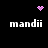Pixelated icon with four 'mandii' text instances on black background, featuring pink heart and starburst animations.