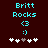 Pixelated cyan text 'Britt Rocks' above a '<3' symbol and ':)' emoticon, with five white plus signs below on dark brown background.