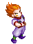 Pixel art character with orange hair in purple outfit holding a card, showing multiple poses including heart effects and weapon changes.
