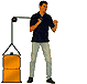 A man in a dark shirt and light pants performs a boxing motion with a rope attached to a stacked orange weight, shown in three sequential poses.