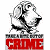 Pixelated grayscale dog head above red banner with 'CRIME' text, next to green background with 'Original Icons .com' in bright green script.