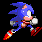 Pixel art contact sheet of Sonic the Hedgehog running animation frames with blue spines, red shoes, white gloves, and pink cheeks on black background.