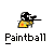 Pixelated character in yellow shirt and black helmet holding paintball gun, with showing paintball firing and impact effects