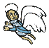 Pixelated angel figure with white wings, blue robe, and halo in two poses against gray background.