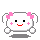 Pixel art character with white rounded body, pink bows on ears, black square eyes, red mouth, and pink cheek marks in six variations showing different poses.