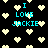 Black background with scattered light yellow pixelated hearts and cyan text reading "I LOVE JACKIE" in multiple positions.