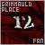 Pixelated static image with dark red and black background displaying text 'GRIMMAULD PLACE' at top, '12' in center, and 'FAN' at bottom.