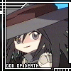Pixel art character with long dark hair and a wide-brimmed hat, wearing a light-colored shoulder piece, with text "GOD OF DEATH" below.