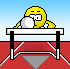 Yellow cartoon character with white eyes and black pupils performs actions at a table on red chevron-patterned background under light blue sky.