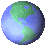 Pixelated globe icons rotate through multiple views showing different continents and oceans on a gray background.