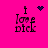 Pixelated text "I love dick" on bright pink background with animated heart and starburst symbols.