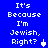 Blue background with white pixelated text repeating 'It's Because I'm Jewish. Right?' and a cursor changing between arrow and hand pointer.