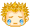 Pixelated character head with spiky blonde hair, closed eyes, and blue teardrop symbols on cheeks