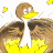 Pixelated duck with brown feathers, yellow beak and feet, white chest, standing on a rock against a white background with small yellow shapes.
